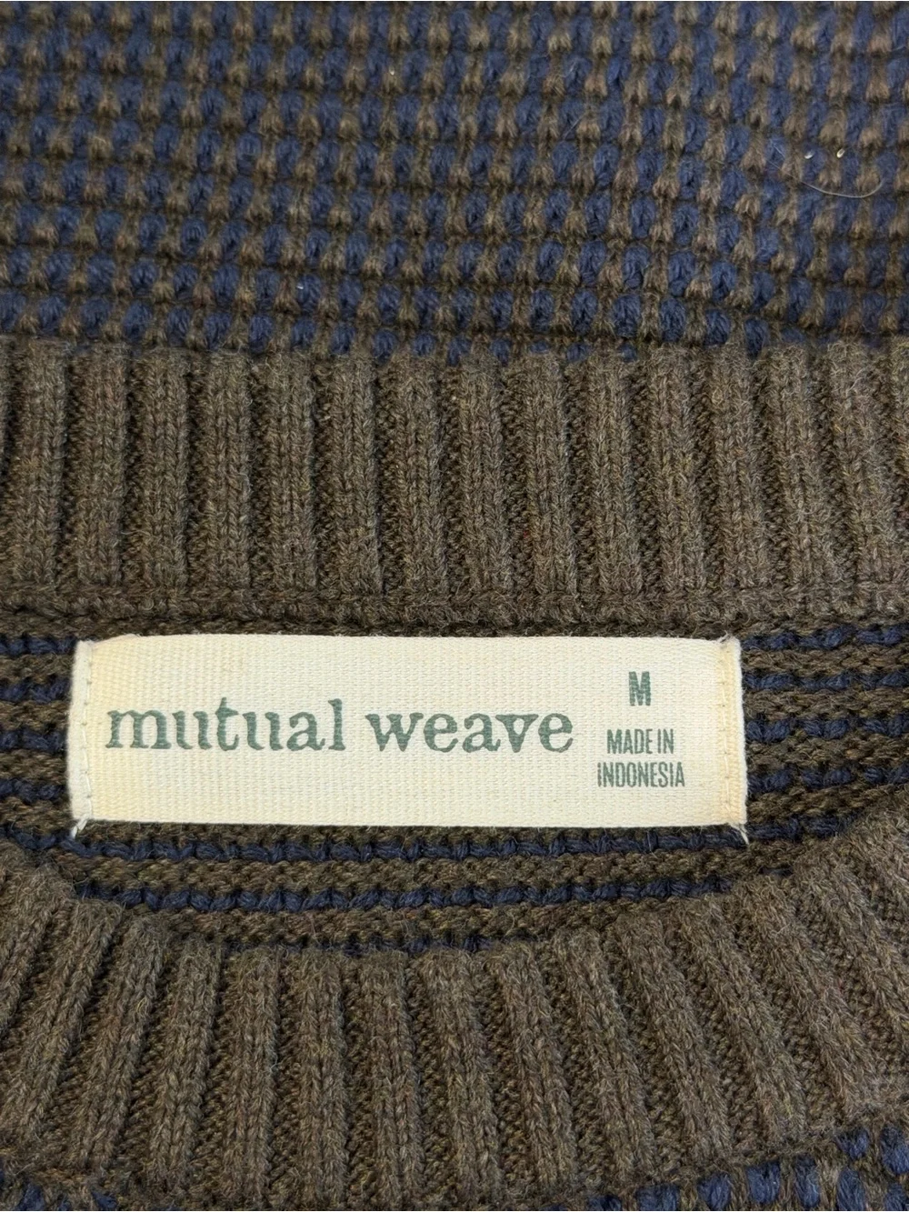 Mutual Weave Men's Waffle Knit Crewneck Sweater Olive Green Blue Blend Size M